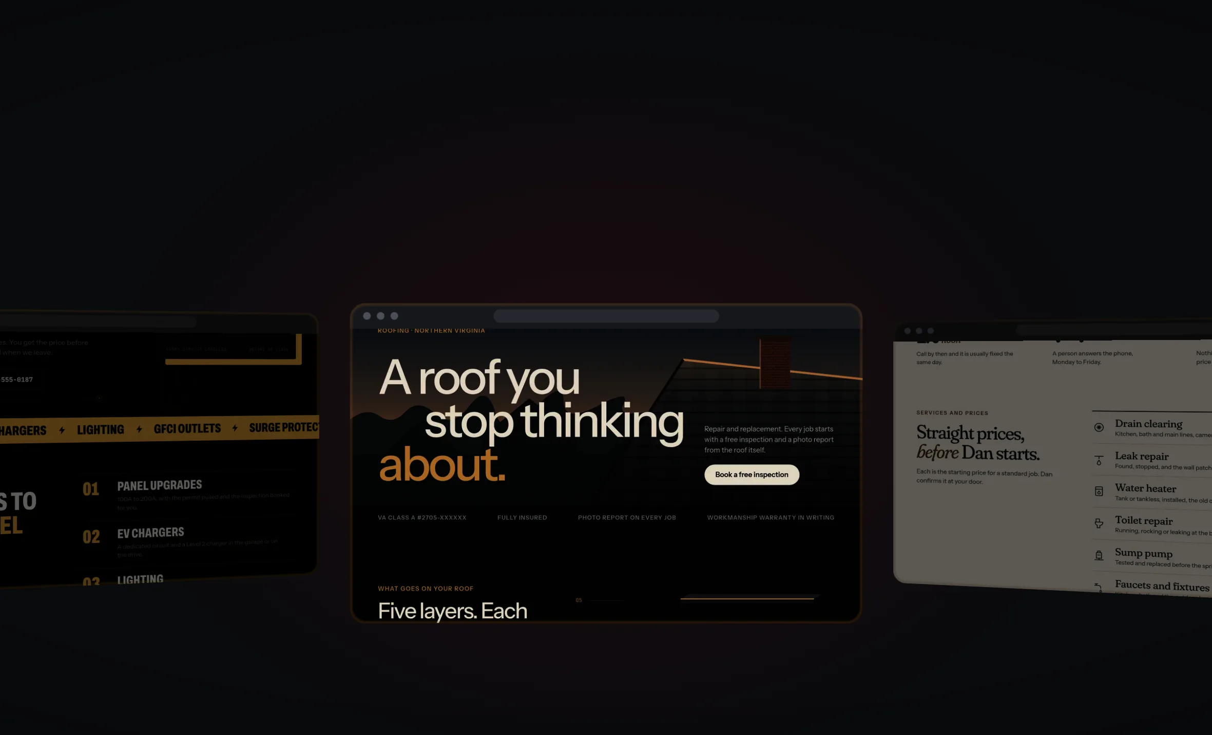 A still from the showcase: sample websites for a roofer, an electrician and a plumber, side by side on a curved 3D strip.