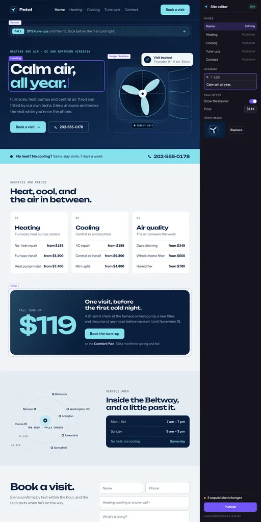 Patel Heating & Air, the top of its sample website