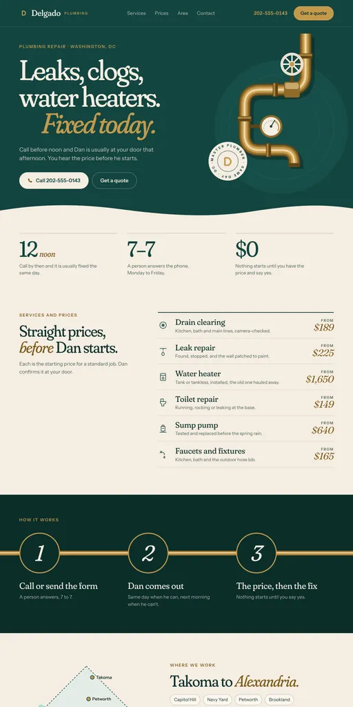 Delgado & Sons Plumbing, the top of its sample website