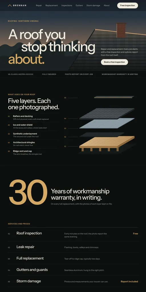 Brennan Roofing, the top of its sample website